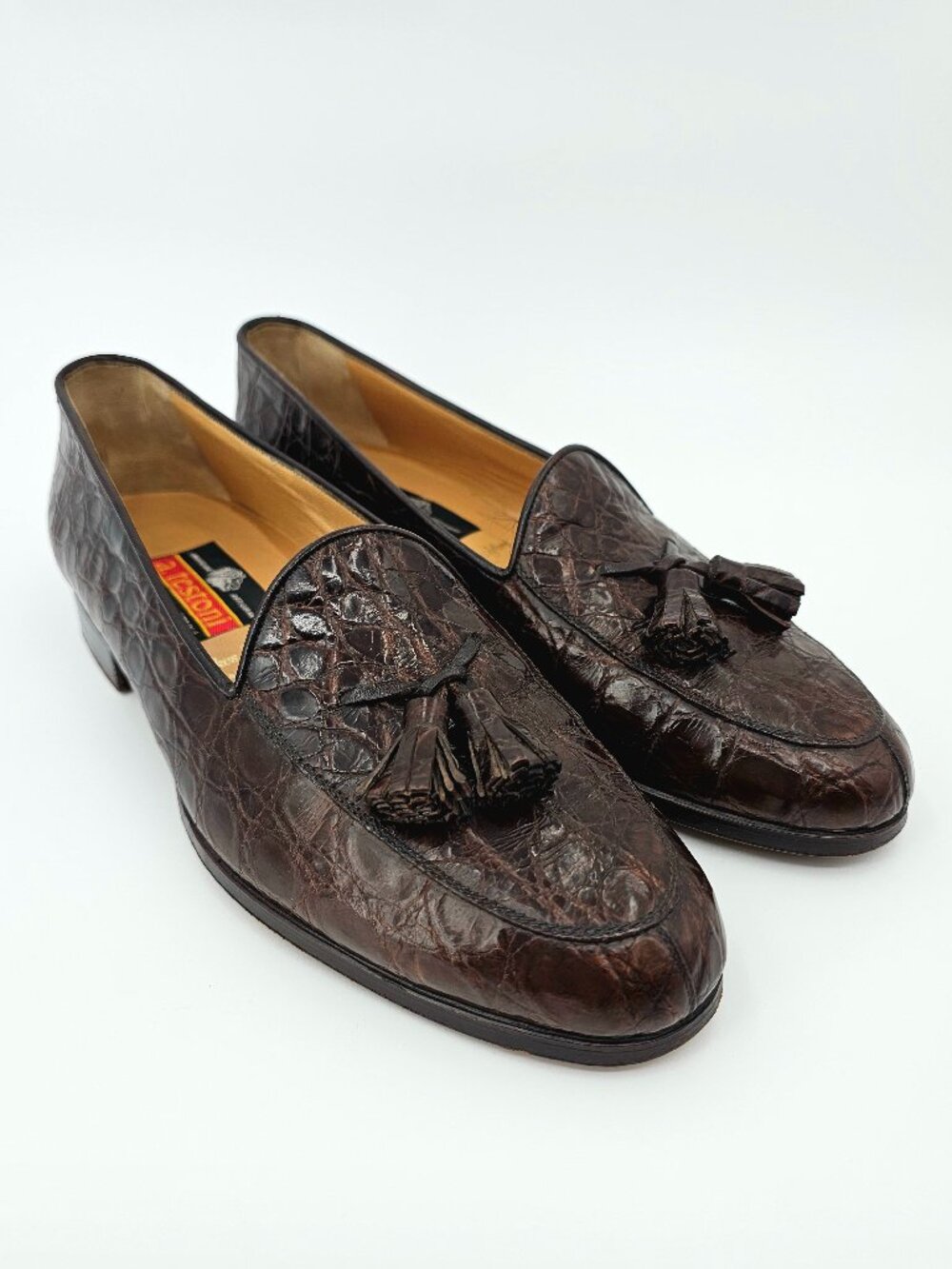 A. Testoni Tassel Loafers Brown Leather Alligator Brogue Shoes Mens Size US 9.5N